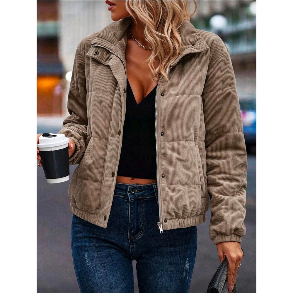 Womens Corduroy Puffer Jacket Beige Collared Zip‎ Up Casual Outerwear